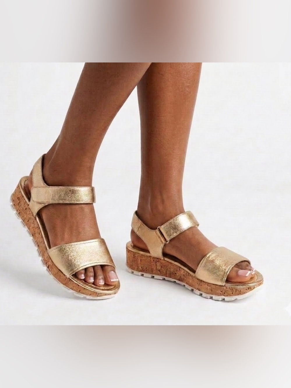Prada Linea Rossa Metallic Gold Leather Cork Wedge Sandals Sz 39.5 US 9